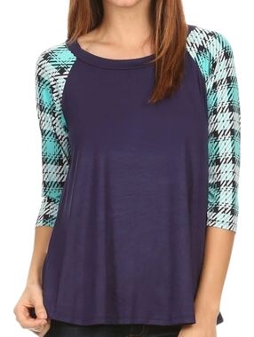 Acting Pro Navy Blue Top with Teal Plaid Long Sleeves